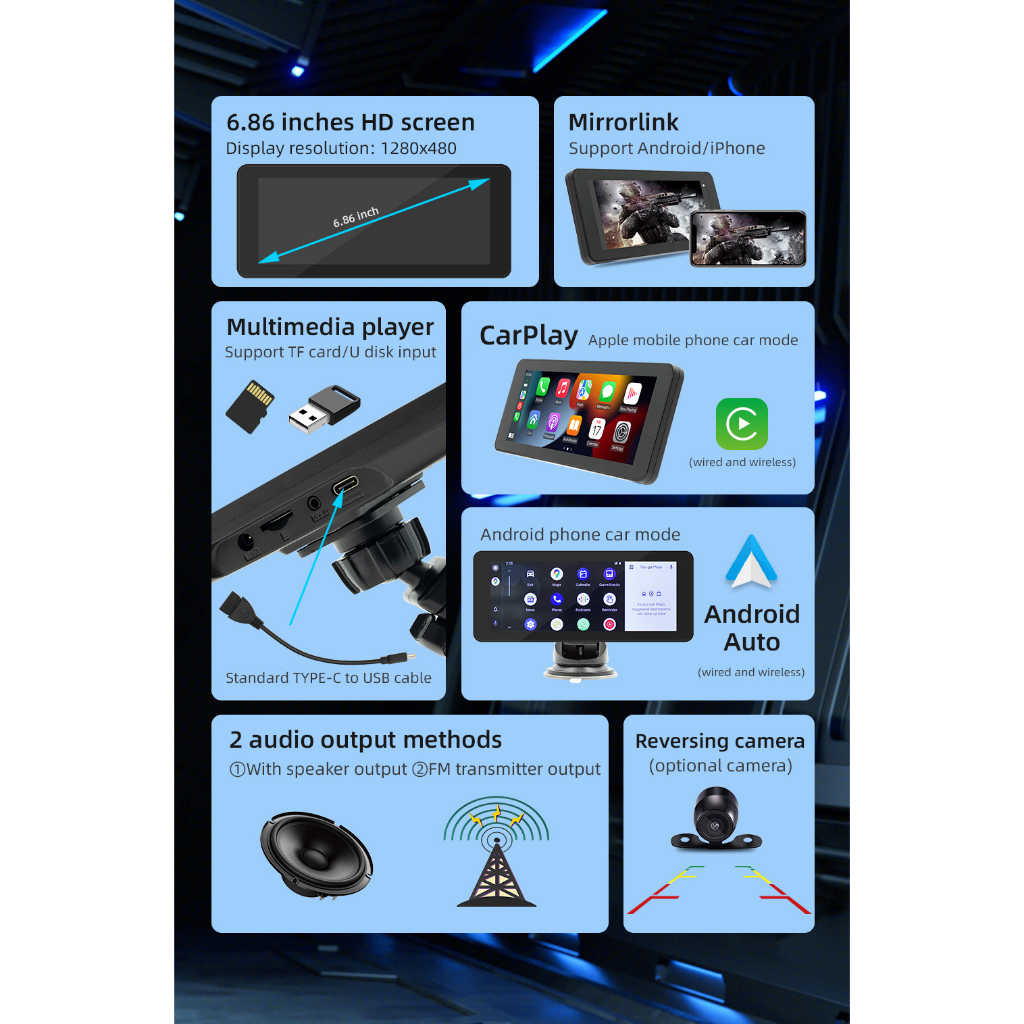 6,86 inch car radio carplay không dây android auto hd fm radio reversing camera portable car stereo built-in speaker màn hình cảm ứng