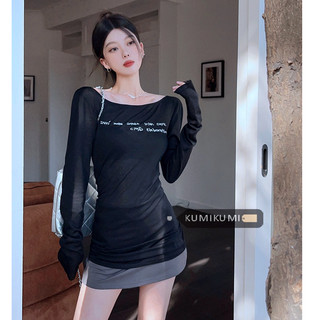 Áo thun KUMIKUMI ôm dáng vừa vặn chống nắng tay dài trễ vai in chữ sexy cho nữ