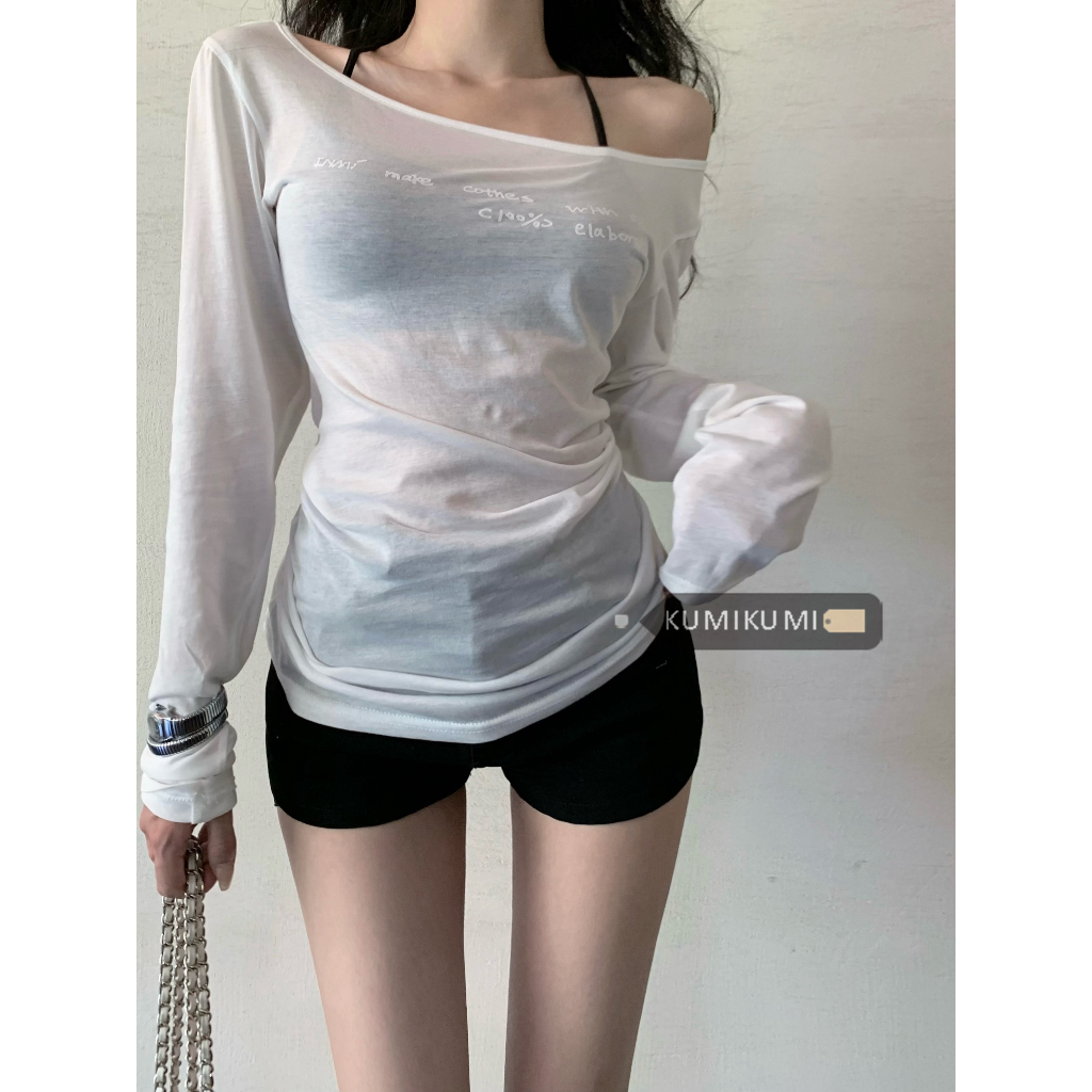 kumikumi HUANG YOYO Áo Croptop thun chữ dài tay trễ vai sành điệu và gợi cảm lý tưởng để chống nắng và giảm béo