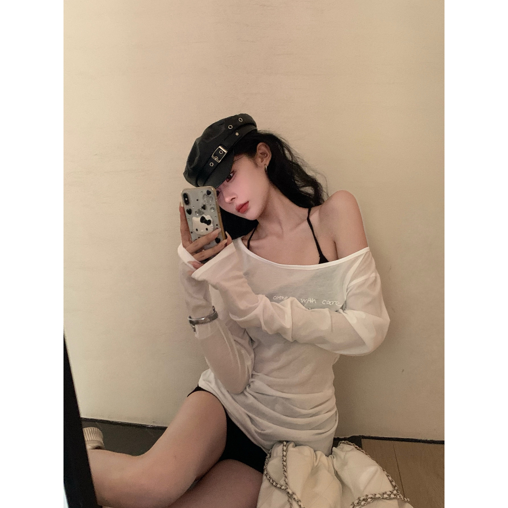 kumikumi HUANG YOYO Áo Croptop thun chữ dài tay trễ vai sành điệu và gợi cảm lý tưởng để chống nắng và giảm béo