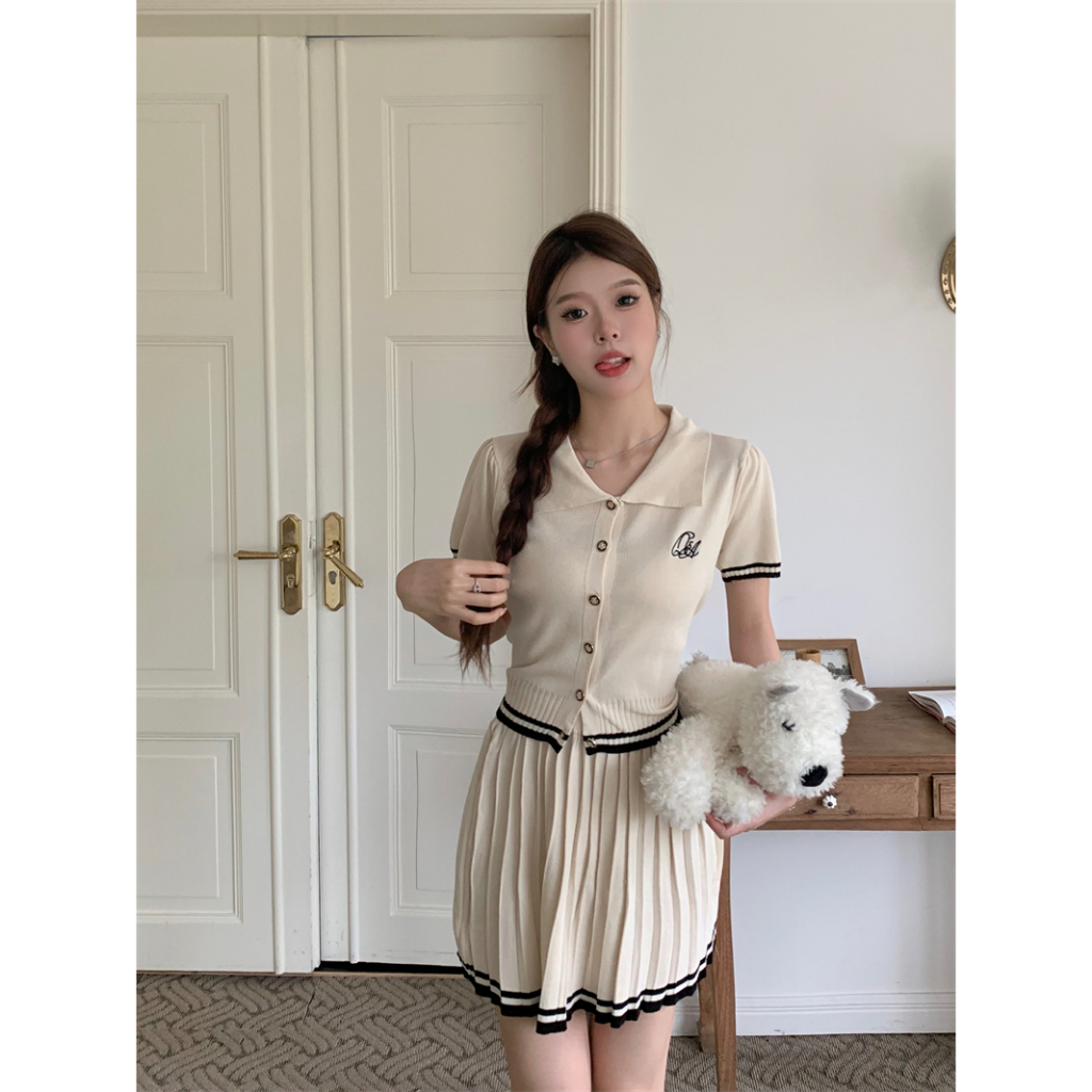 Bộ áo/ chân váy KUMIKUMI dệt kim xếp ly tinh tế thời trang cho nữ