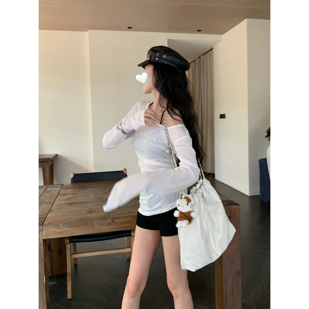 kumikumi HUANG YOYO Áo Croptop thun chữ dài tay trễ vai sành điệu và gợi cảm lý tưởng để chống nắng và giảm béo