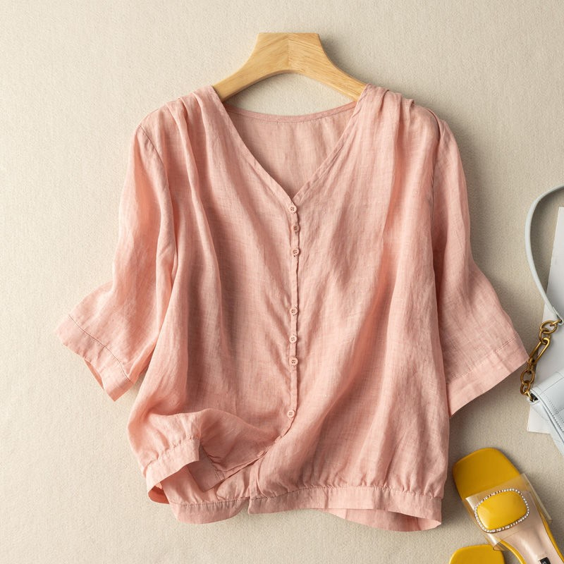 Temperament v-neck linen top thêu cotton linen short-sleeved shirt