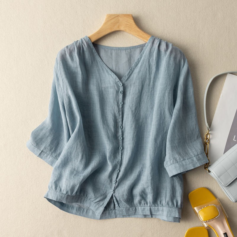 Temperament v-neck linen top thêu cotton linen short-sleeved shirt