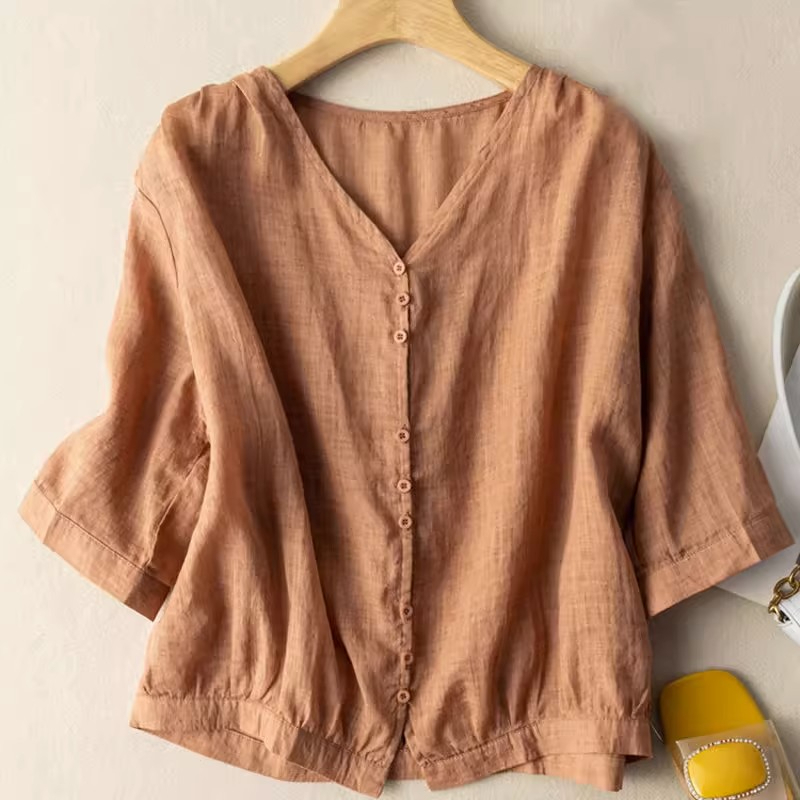 Temperament v-neck linen top thêu cotton linen short-sleeved shirt