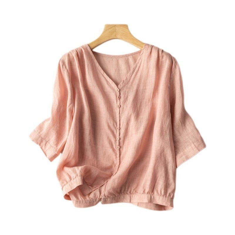 Temperament v-neck linen top thêu cotton linen short-sleeved shirt