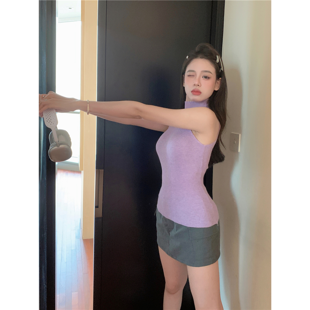 Kumikumi women s thời trang và giảm béo màu tím cổ cao dệt kim áo không tay