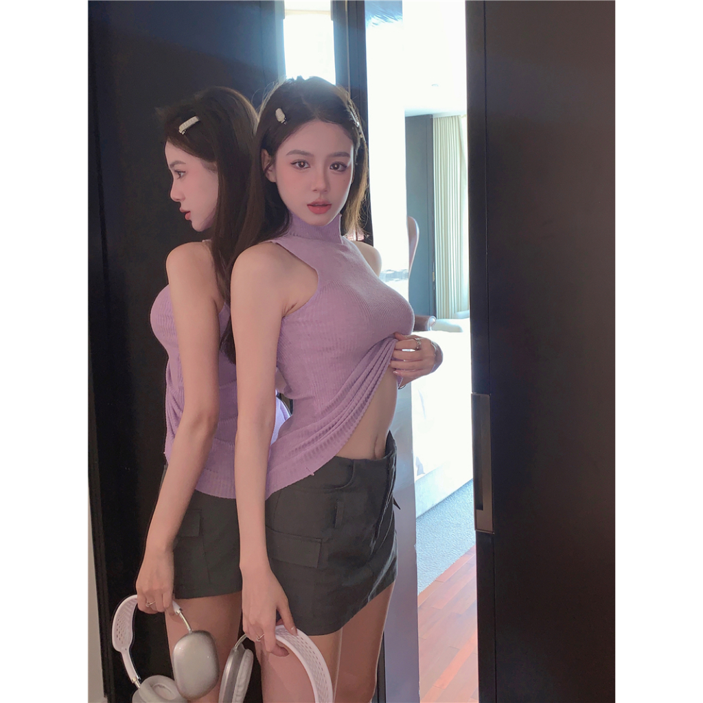 Kumikumi women s thời trang và giảm béo màu tím cổ cao dệt kim áo không tay