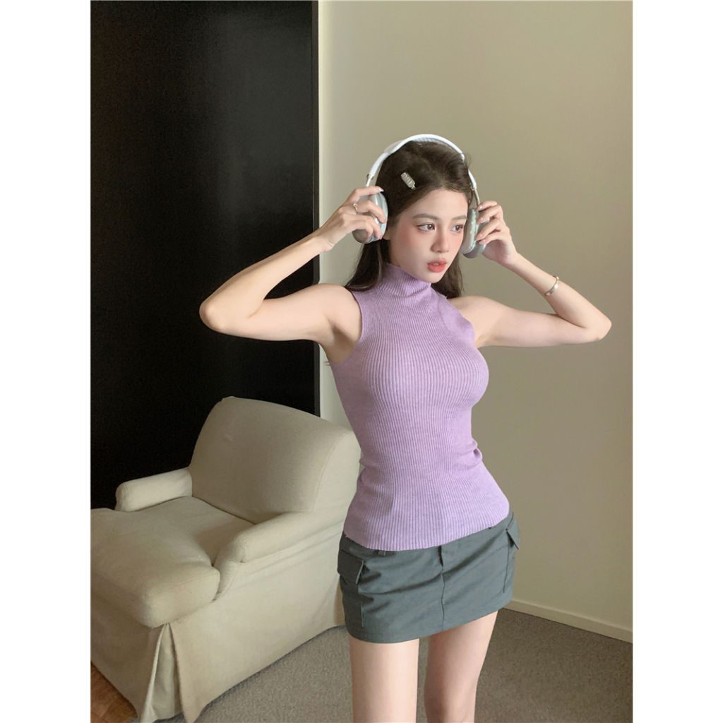 Kumikumi women s thời trang và giảm béo màu tím cổ cao dệt kim áo không tay