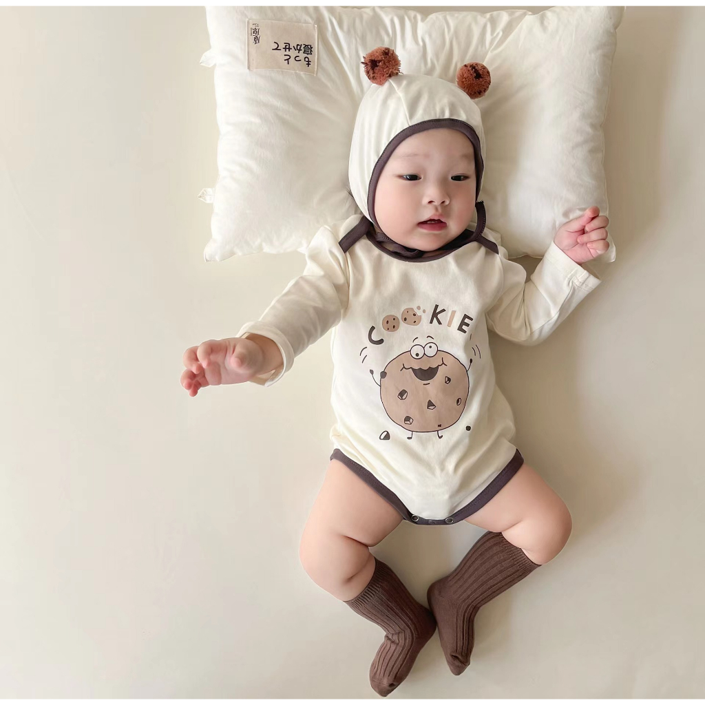 Áo Liền Quần Tam Giác Tay Dài In Hình Bánh Quy Dễ Thương Thời Trang Xuân Thu Cho Bé