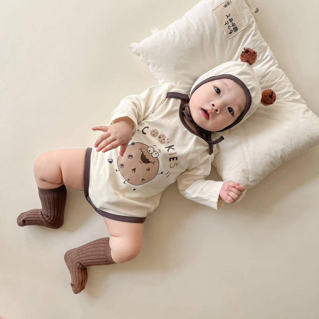 Áo Liền Quần Tam Giác Tay Dài In Hình Bánh Quy Dễ Thương Thời Trang Xuân Thu Cho Bé