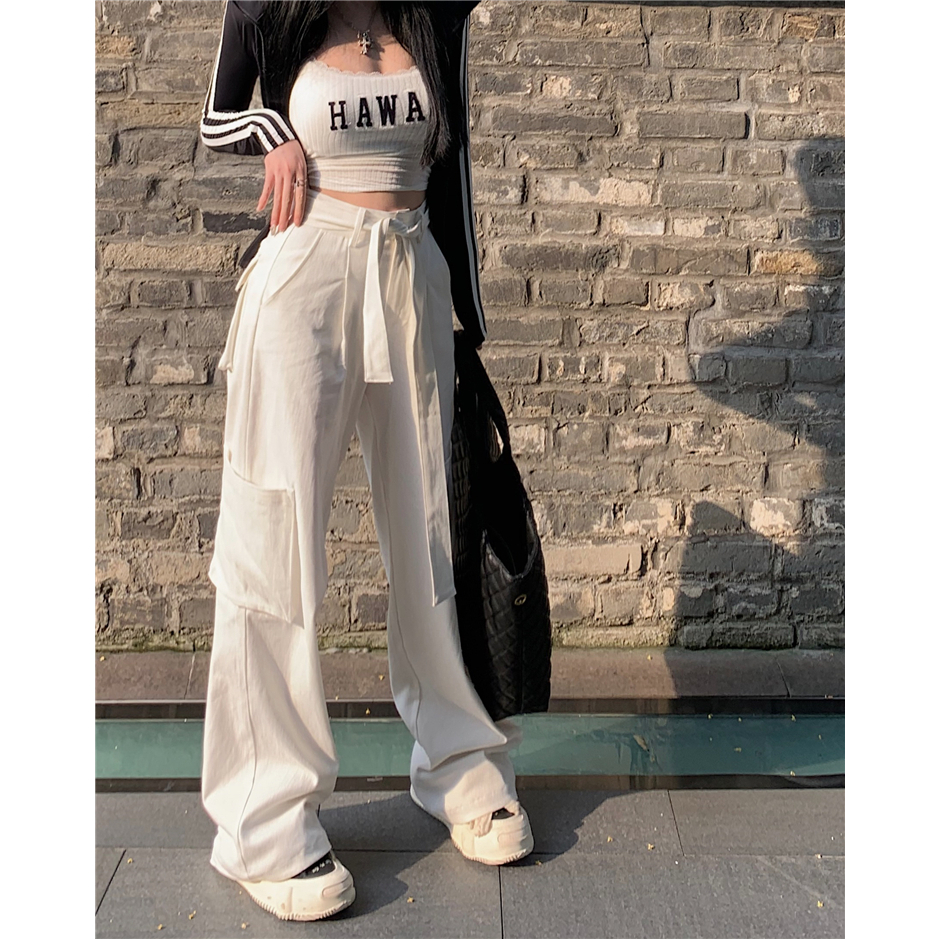 🍓Fashion short jacket+letter printed vest+strapped high waisted casual pants three piece set