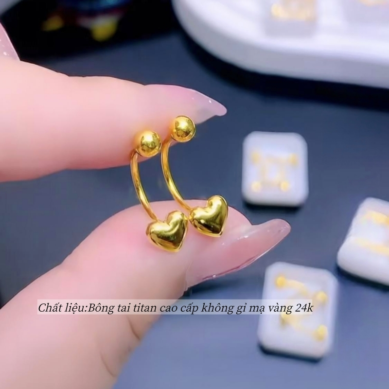 Bông tai nữ làm bằng titan cao cấp không gỉ mạ vàng 24k thiết kế mới lạ hình trái tim xinh xắn phong cách trẻ trung