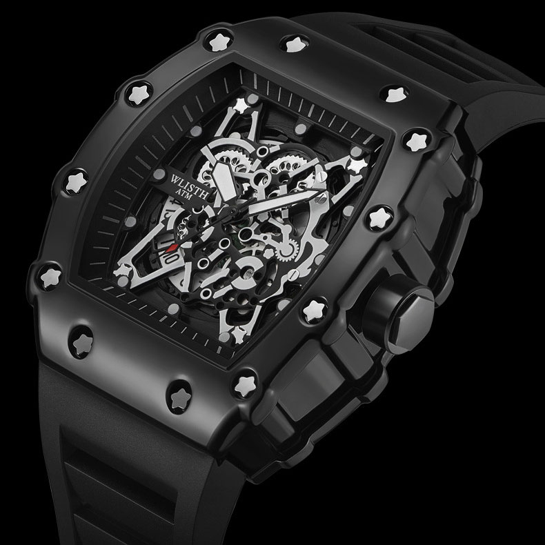 Hình dạng thùng vàng đồng hồ nam phong cách cơ khí mặt số màu đen lịch con trỏ phát sáng dây đeo bằng silicon đồng hồ đeo tay thạch anh