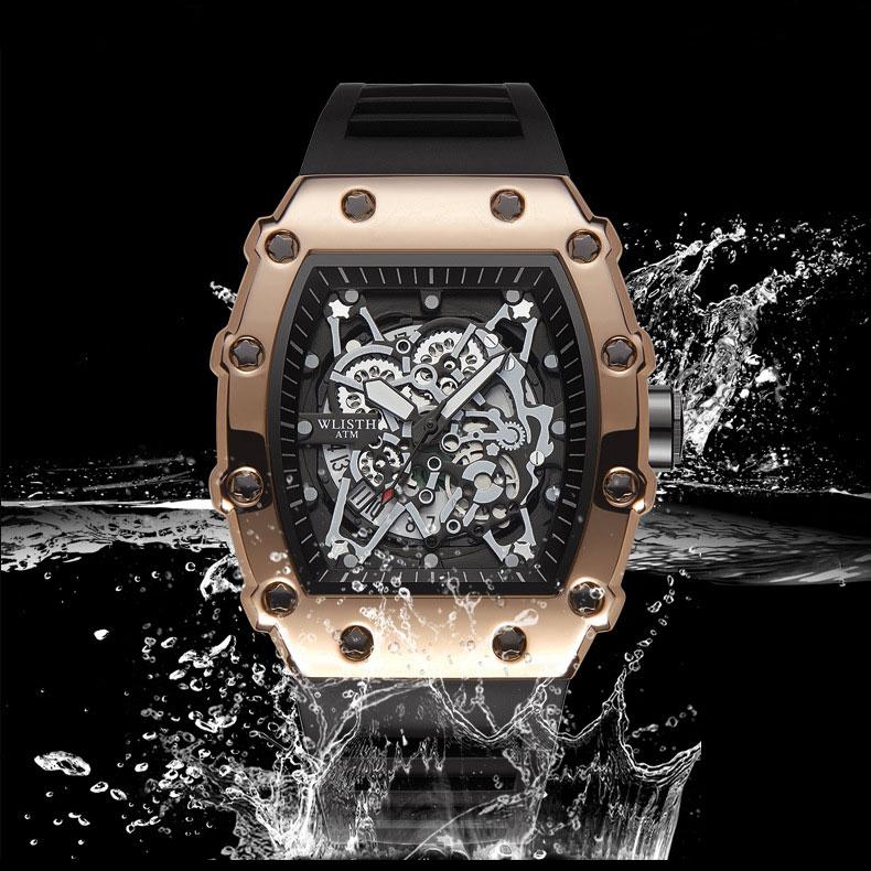 Hình dạng thùng vàng đồng hồ nam phong cách cơ khí mặt số màu đen lịch con trỏ phát sáng dây đeo bằng silicon đồng hồ đeo tay thạch anh