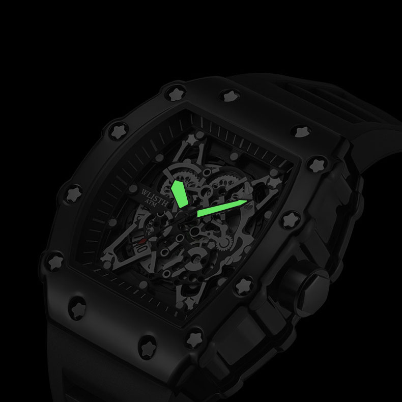 Hình dạng thùng vàng đồng hồ nam phong cách cơ khí mặt số màu đen lịch con trỏ phát sáng dây đeo bằng silicon đồng hồ đeo tay thạch anh