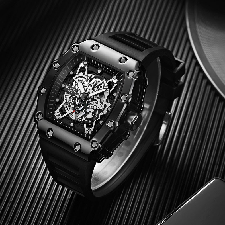 Hình dạng thùng vàng đồng hồ nam phong cách cơ khí mặt số màu đen lịch con trỏ phát sáng dây đeo bằng silicon đồng hồ đeo tay thạch anh