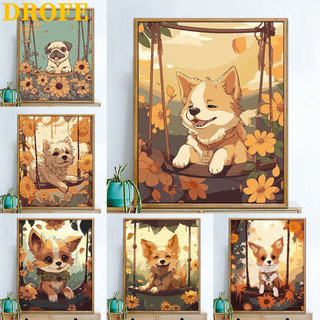 DROFE-tranh số hoá-tranh tô màu theo số-hướng dương và cún con-tranh sơn dầu-tranh tô màu số hoá-3050cm