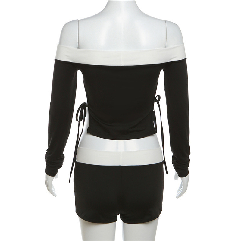 Klalien Set Áo Croptop Trễ Vai Tay Dài + Quần Short Lưng Cao Thời Trang Nữ