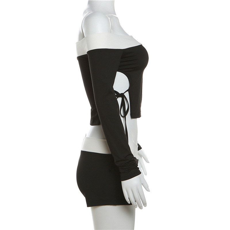 Klalien Set Áo Croptop Trễ Vai Tay Dài + Quần Short Lưng Cao Thời Trang Nữ