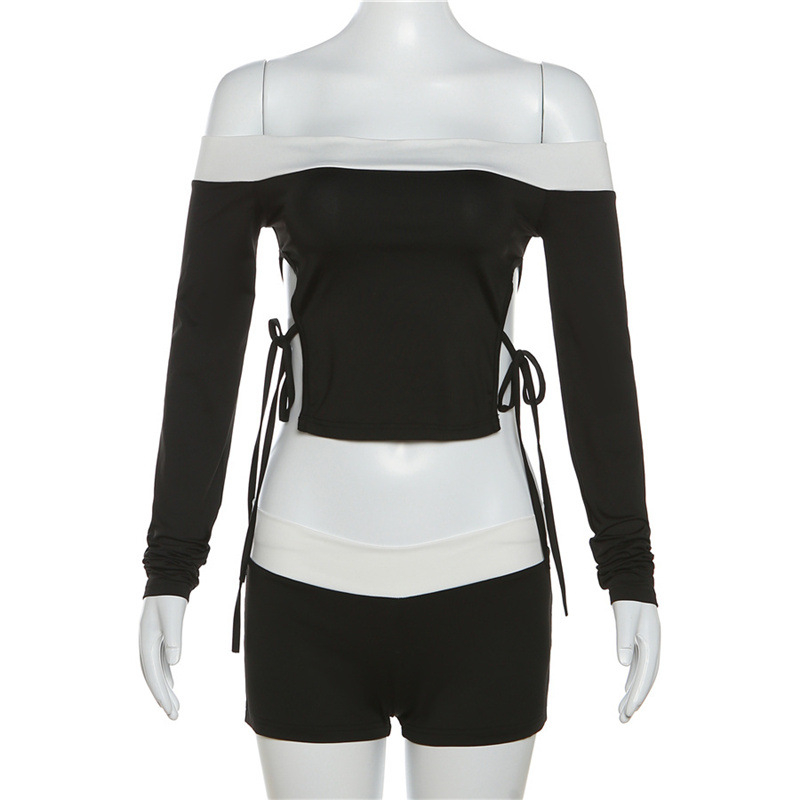 Klalien Set Áo Croptop Trễ Vai Tay Dài + Quần Short Lưng Cao Thời Trang Nữ