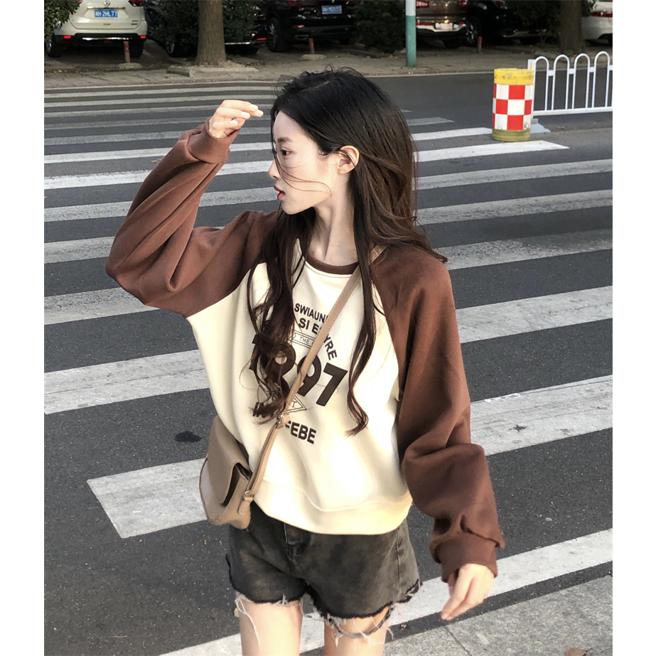 100%Cotton oversize áo nỉ Cai color american retro micro -fat right shoulder sweater của phụ nữ mùa thu lỏng lẻo lười biếng mặc mũ cổ tròn không có áo khoác