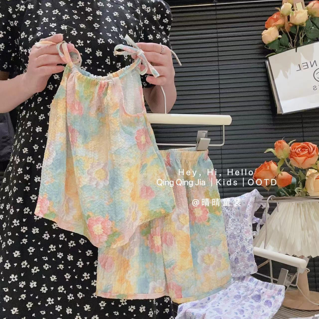 Bộ đồ bé gái, áo hai dây phong cách vẽ tranh sơn dầu bị nhòe mùa hè + bộ đồ hai mảnh