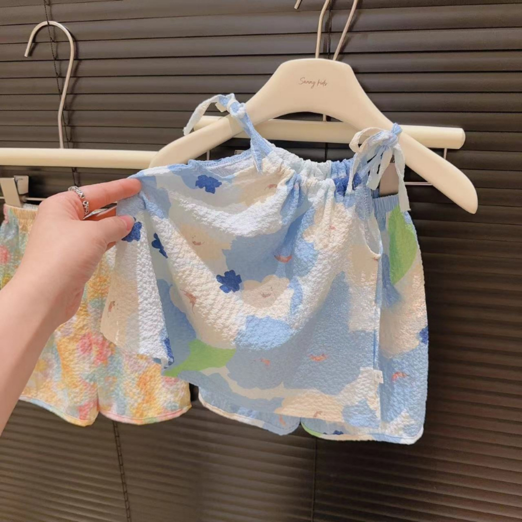 Bộ đồ bé gái, áo hai dây phong cách vẽ tranh sơn dầu bị nhòe mùa hè + bộ đồ hai mảnh