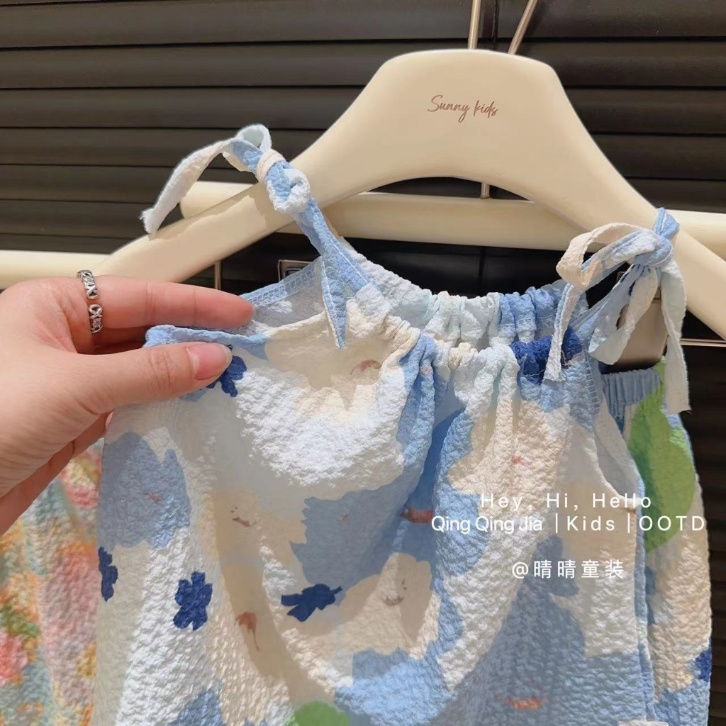 Bộ đồ bé gái, áo hai dây phong cách vẽ tranh sơn dầu bị nhòe mùa hè + bộ đồ hai mảnh