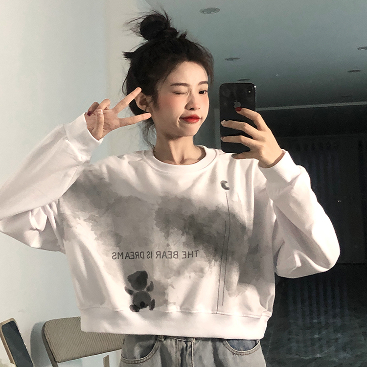 100%Cotton oversize áo nỉ Phong cách cô gái cay cay ngắn dài tay áo len đen mùa thu thiết kế mới cảm giác áo chui đầu cổ tròn cho quần áo nữ