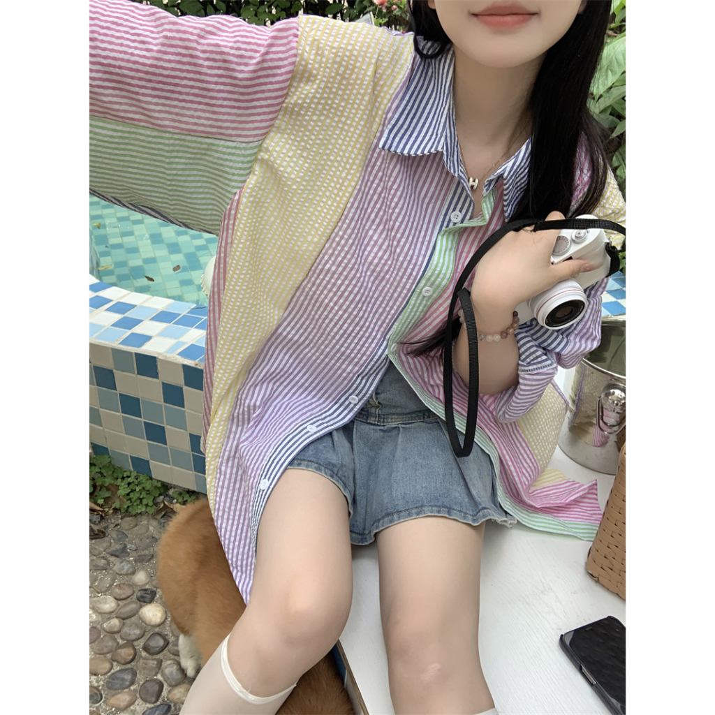 Áo tay dài Sọc mùa hè lớn tương phản thiết kế ngọt ngào màu kẹo áo sơ mi ngọt ngào sọc dài tay áo sơ mi thời trang nữ