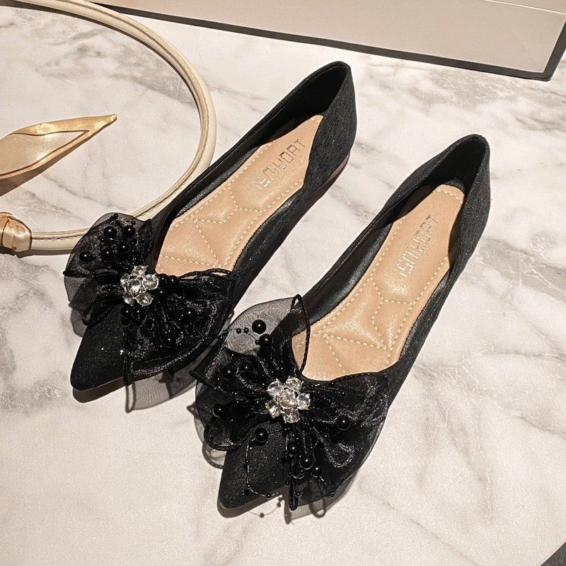 Size 33-44 giày bệt mũi nhọn đế mềm giày miệng nông 2023 giày bệt mùa thu cho phụ nữ giày bốn mùa nơ nút giày nữ cỡ lớn