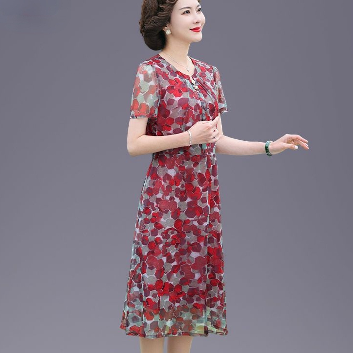 Đầm Tay Ngắn Che Bụng Thời Trang Mùa Hè Cho Nữ Trung Niên 40-50 Tuổi