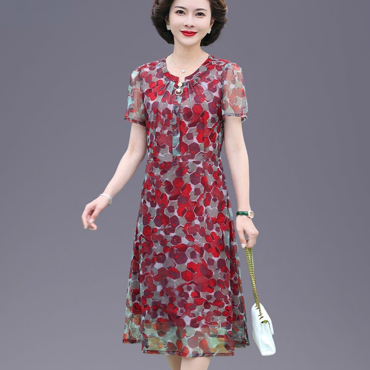 Đầm Tay Ngắn Che Bụng Thời Trang Mùa Hè Cho Nữ Trung Niên 40-50 Tuổi