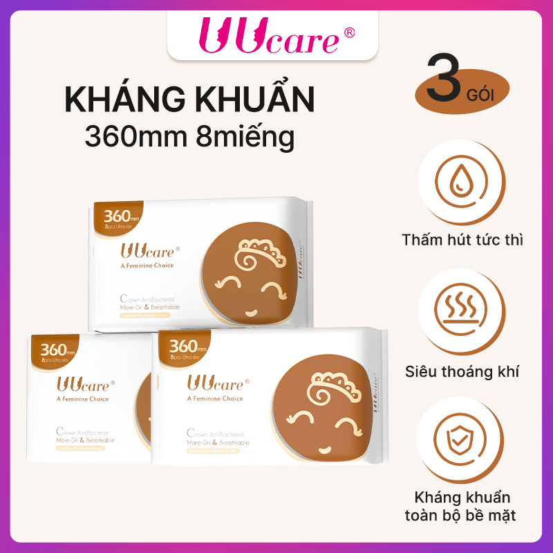 [Combo 3 gói]Băng Vệ Sinh UUcare Crown Kháng khuẩn 36cm 8 Miếng Siêu Mỏng Siêu Thấm Maxi Cánh ban đêm BVS