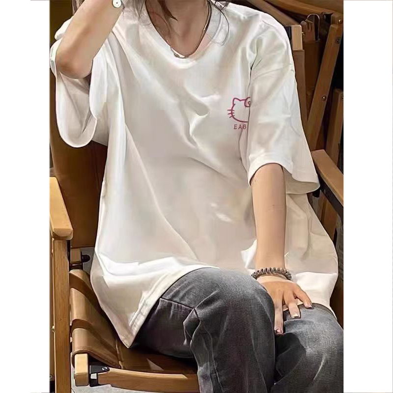 Áo Thun 100% Cotton Dáng Suông Tay Cộc In Họa Tiết Mèo Hoạt Hình Cho Nữ