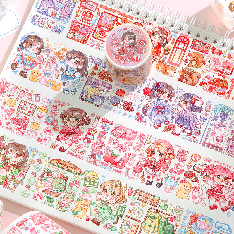 Mr. Paper 300cm/cuộn Washi/keo dính Phim hoạt hình nữ nhân vật dễ thương Những hình ảnh ghép nghệ thuật bàn tay sáng tạo Nhật ký cốc DIY Văn phòng phẩm trang trí vật liệu