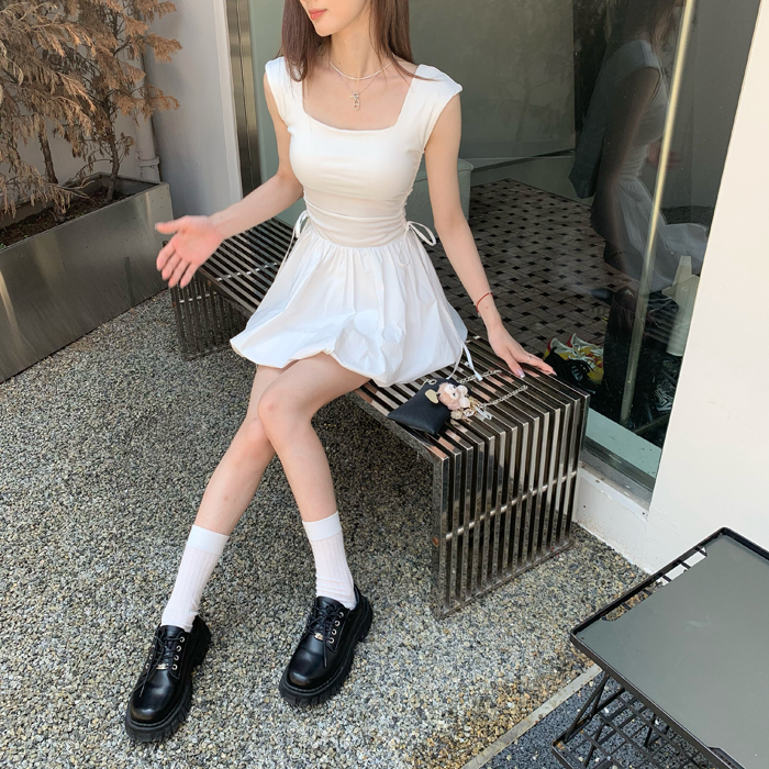 Cocory vn Khí chất hàn quốc váy dây rút cổ vuông mùa hè váy a-line mỏng gợi cảm phụ nữ