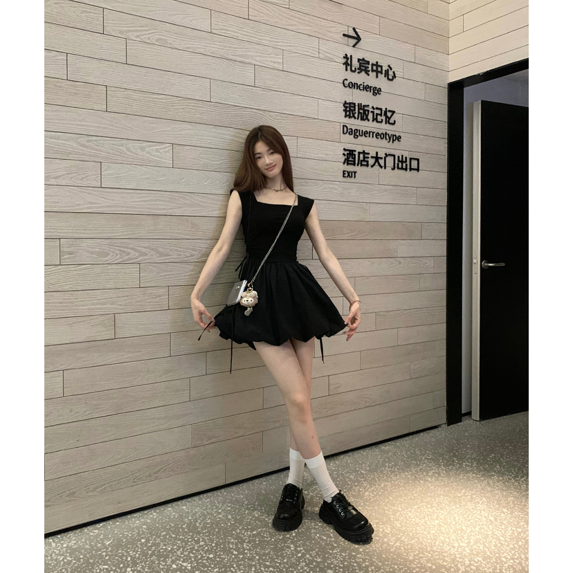 Cocory vn Khí chất hàn quốc váy dây rút cổ vuông mùa hè váy a-line mỏng gợi cảm phụ nữ