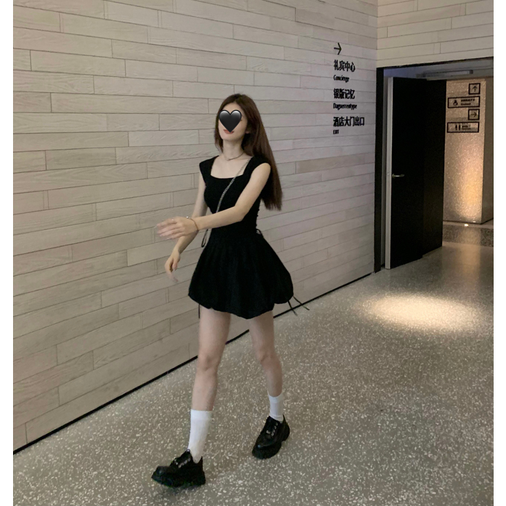 Cocory vn Khí chất hàn quốc váy dây rút cổ vuông mùa hè váy a-line mỏng gợi cảm phụ nữ
