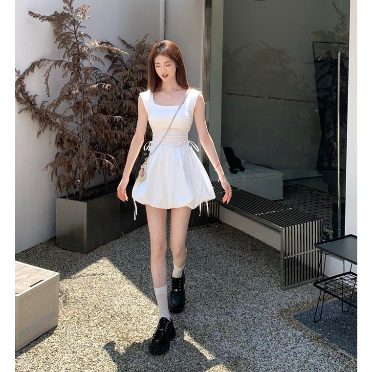 Cocory vn Khí chất hàn quốc váy dây rút cổ vuông mùa hè váy a-line mỏng gợi cảm phụ nữ