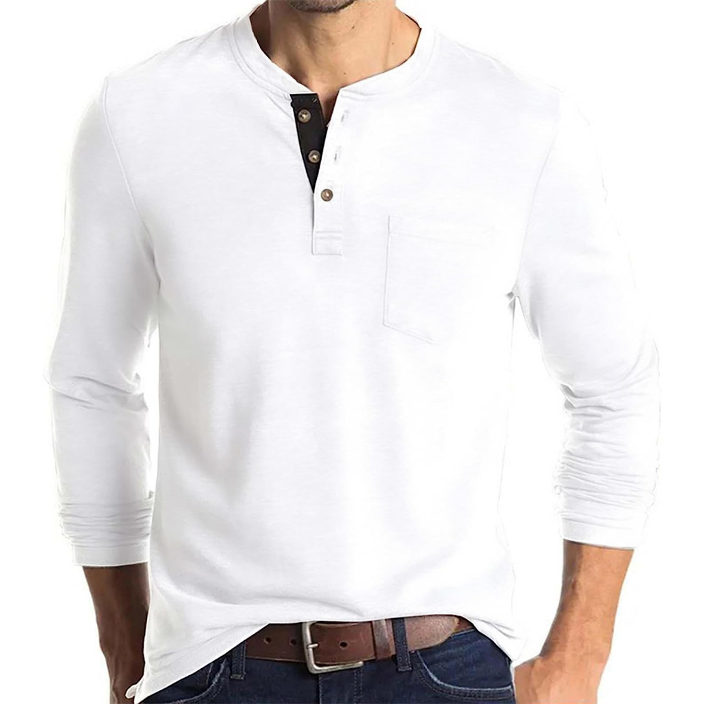 Áo sơ mi nam thời trang henley dài tay nút cotton t-shirt có túi