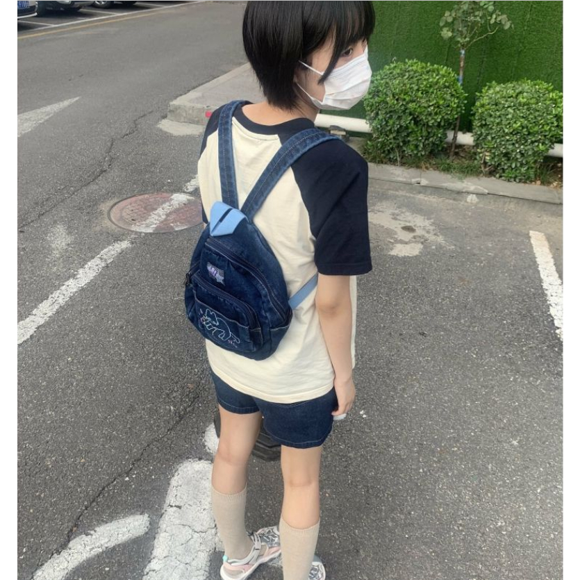 Ba Lô denim Nhiều Túi In Hình Mèo Kittystar Dễ Thương Phong Cách retro Nhật Bản