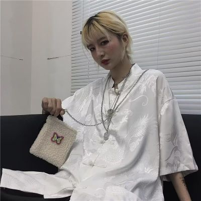 Áo Sơ Mi Lụa Satin Tay Ngắn Dáng Rộng Cài Khuy In Hình Rồng Phong Cách Trung Hoa Mới