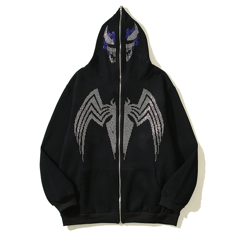 Iron diamond cardigan trùm đầu người đàn ông dây kéo từ mũ thời trang dạo phố áo khoác nỉ nam và hoodies chất liệu lông cừu đen