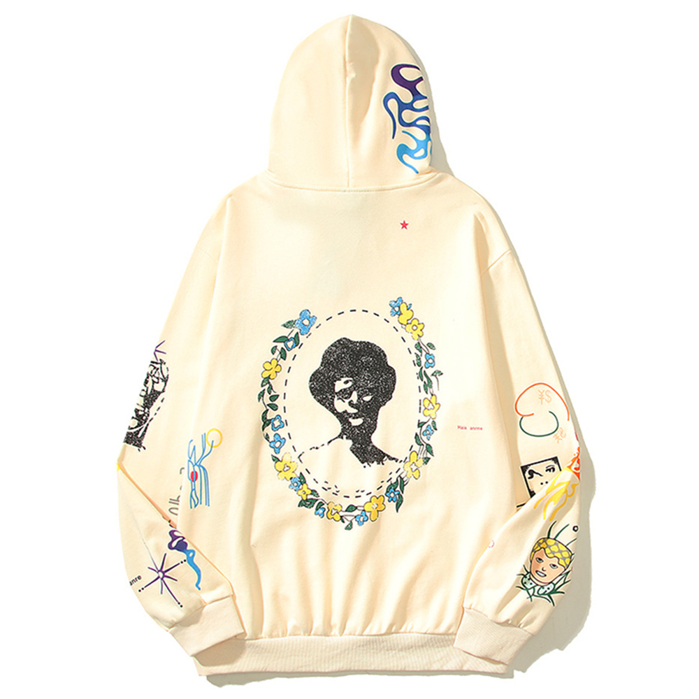 Graffiti terry chất liệu áo thun nam áo khoác nỉ và hoodies túi trước thời trang dạo phố trùm đầu người đàn ông màu be