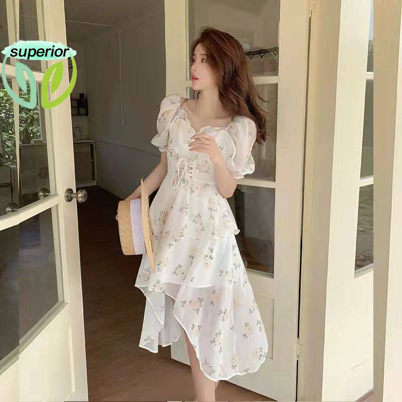 Váy hoa vụn mùa hè #váy nữ lắp ghép hoa 2023 kiểu mới dịu dàng thu eo bên lá sen bên váy xẻ