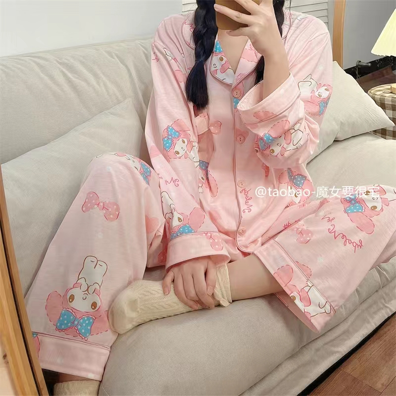 Mickey elmo sesame street loungewear phụ nữ bộ đồ ngủ dài tay hàn quốc phim hoạt hình in hai mảnh đồ ngủ mùa thu đồ ngủ