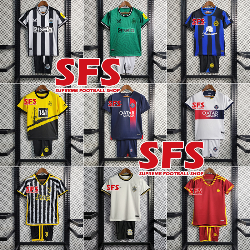 Chất lượng hàng đầu 23-24 soccer kid football jersey t-shirt quần áo thể thao trẻ em (top + quần short)