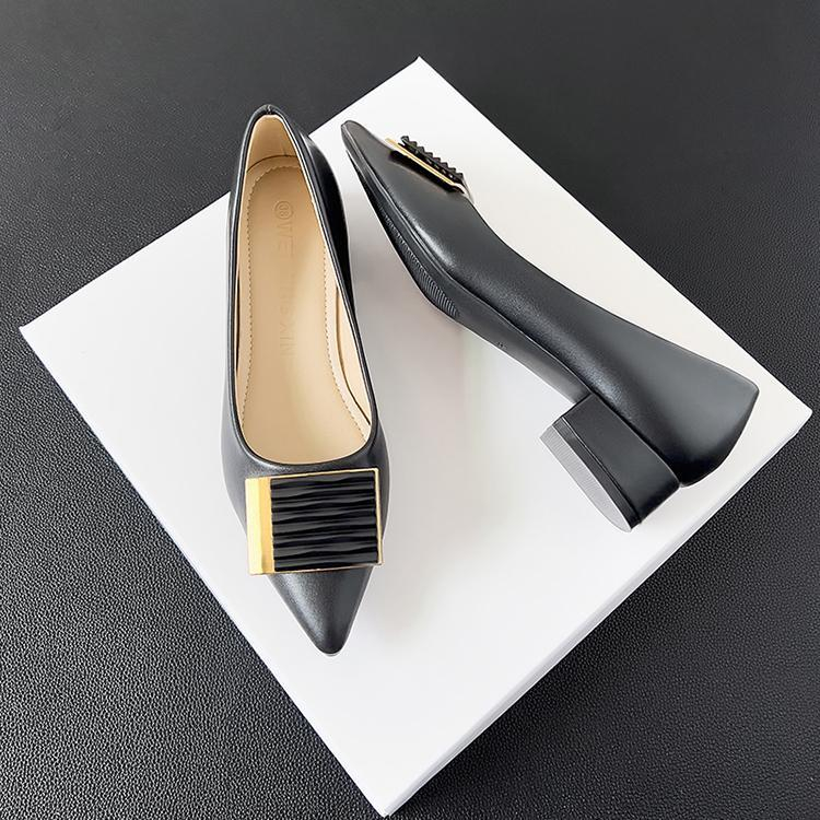 Da mềm của phụ nữ giày cao gót chunky khóa vuông rhinestone giày cao gót nhọn 3 cm giày công sở có gót dày kích thước 33-42